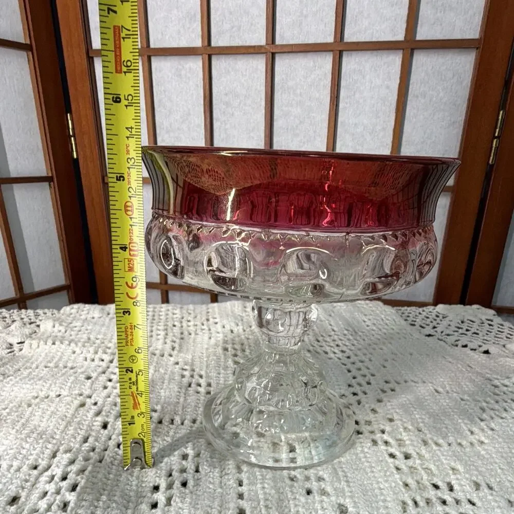 Indiana Glass compote dish in Kings Crown pattern with a Ruby Flash accent